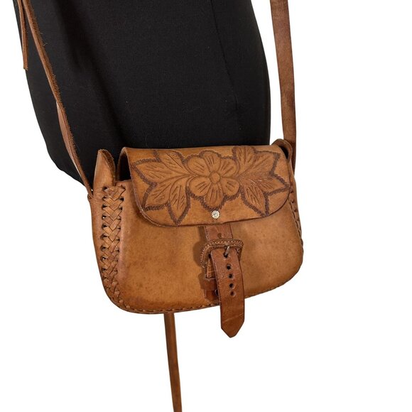 Handcrafted Brown Leather Crossbody Bag Floral Embossed Purse Adjustable Strap - Picture 1 of 7